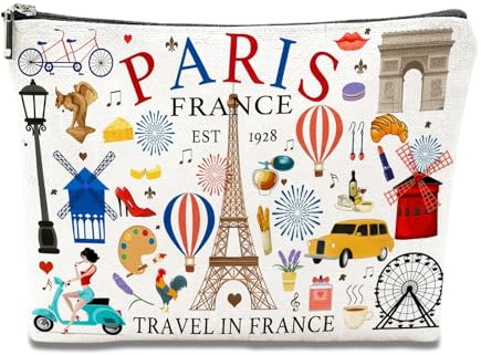 Paris Travel Gift Makeup Bag, Paris Themed Gifts for Women, Eiffel Tower Cosmetic for Friends, Mom, Sister, Zipper Pouch Bag Purse, Beauty Gifts for Girls Women