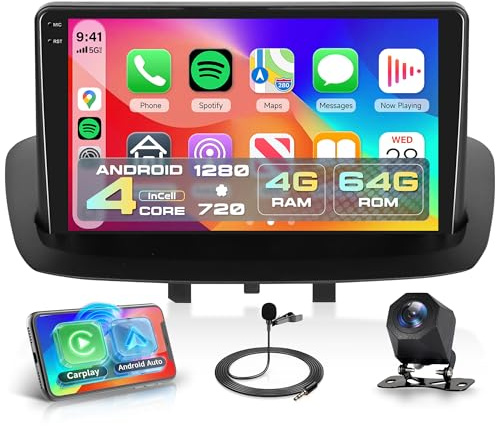 Rimoody 4G+64G Android Autoradio per Renault Megane 3 III 2009-2014 Wireless Carplay Android Auto, 9 Pollici Incell Schermo Radio con GPS Navi WiFi Bluetooth FM/RDS/EQ/USB/SWC Telecamera Posteriore