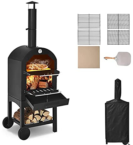 Forno per pizza a legna per esterni, design autoportante in acciaio con ruote per barbecue, campeggio e feste in giardino