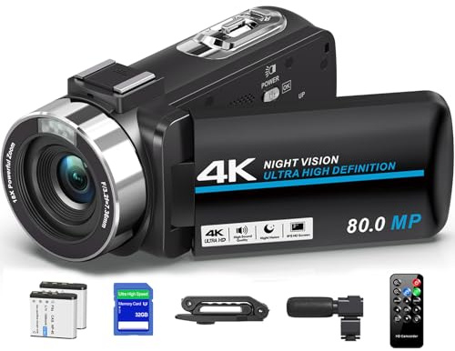 Camcorder Video Camera 4K 80MP Ultra HD Vlogging Camera for YouTube 18X Digital Zoom IR Night Vision 3.0 IPS Screen Video Recorder With Handheld Stabilizer, Microphone, 32G SD Card and Remote Control
