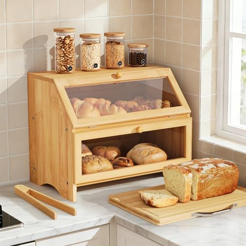 Pamapic Bread Bin, 2-Layer Bamboo Bread Box, Kitchen Storage Box with Cutting Board & Bread Tong, Food Container with Clear Window, Partially pre-installed, 39x25x32cm, Natural
