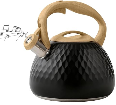 Stove Top Kettle, 3L Stainless Steel Whistling Kettle with Wood Handle | Induction Compatible, Fast Boil, Rust-Proof, 3L, for Tea and Coffee, Gas Hob, Camping, Family Use, Green
