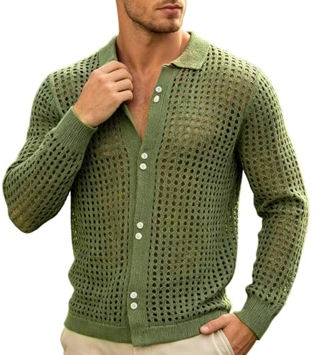 Maglietta a rete da uomo a maniche lunghe, sexy, trasparente, con colletto trasparente, per il tempo libero, estiva, casual, club, feste, spiaggia, verde, XL