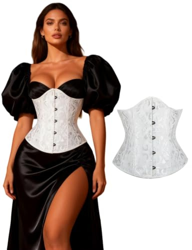 ohmydear Damkorsett vintage, korsett, bustier, jacquard, snörkorsett med 14 bened underbröstkorsett, midjegörare, korsett topp, sexig kroppsformare, magväg för fest, karneval, halloween, XS-5XL, Vit