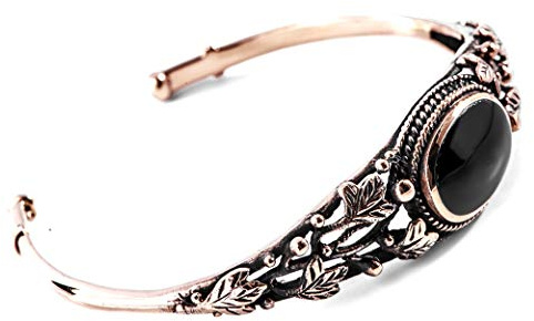 Windalf Elfen Frauen Armreif ISA Ø 5.5 cm Mittelalter Bohemia Ethno Design Blätter des Lebensbaumes mit Onyx Vintage Hochwertige Bronze