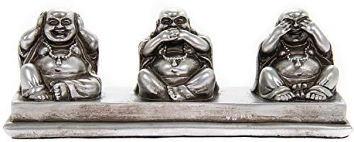 THORNE ANTIQUES AND COLLECTABLES Three Wise Buddhas - See Hear Speak No Evil - Lovely Laughing Buddha Ornament in Antique Silver Colour