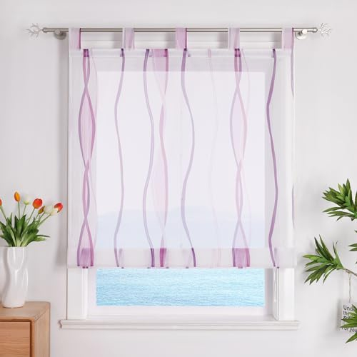 ESLIR Raffrollo mit Schlaufen Gardinen Küche Raffgardinen Transparent Schlaufenrollo Vorhänge Mit Wellen-Druck Modern Voile Violett BxH 120x140cm 1 Stück
