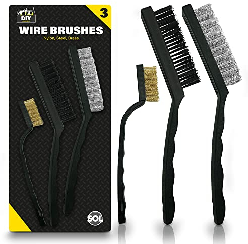 SOL 3pk Wire Brushes – Versatile Mini Wire Brush Set for Rust Removal & Polishing – Includes Durable Nylon, Brass & Stainless Steel Brushes for Metal, Wood, Grime, Automotive & DIY Projects