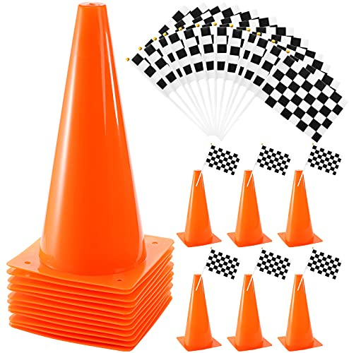 Bekith 12 Pack 12.5 Inch Plastic Traffic Cones with Racing Chequered Flags, Orange Agility Sports Cones, Thick Soccer Training Cones for Outdoor Activity, Festive Events, Fitness Training