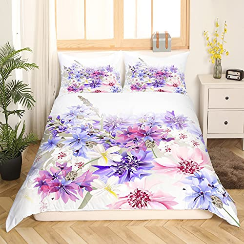 Rosa Lila Weiß Blumen Bettwäsche 135x200cm Mädchen Natürliche Pflanzen und Blumen Lavendel Bettbezug Set Idyllische Landschaft 100% Mikrofaser Atmungsaktiv Bettwäsche mit 1 Kissenbezug 80x80cm