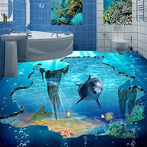 HGFHGD Autocollant de sol imperméable auto-adhésif 3D papier peint mural de sol dauphin animal marin peinture au sol PVC autocollant de salle de bain