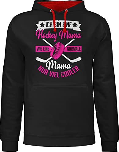 Pullover Herren Frauen Hoodie Kontrast zweifarbig - Damen - Ich bin eine Hockey Mama - wie eine normale Mama nur viel cooler - weiß/fuchsia - M - Schwarz/Rot - mum mom pulli mütter hoody muttertag