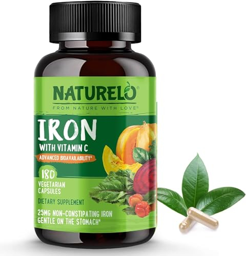NATURELO Iron Supplement with Vitamin C & Whole Foods - Gentle Iron Pills for Women & Men with Iron Deficiency Including Pregnancy, Anemia and Vegan Diets - 180 Mini Capsules | 6 Month Supply