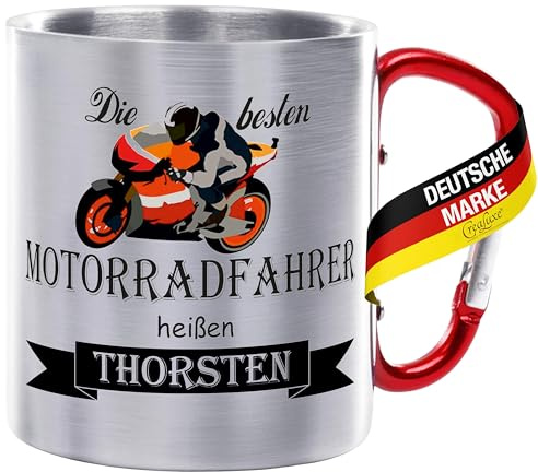 Crealuxe Edelstahltasse mit Karabiner - Die Besten Motorradfahrer heißen Wunschname - 330ml, Tasse personalisiert, Kaffeetasse, Bürotasse, Metalltasse mit Name