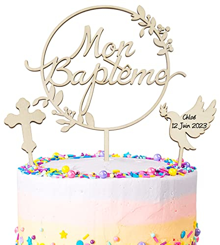 3PCS Cake Topper Baptême Décoration de Gâteau Topper en Bois pour Baby Shower Communion Confirmation Accessoire de Fête Naissance Anniversaires Fille Garçon Cadeau