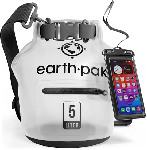 Wasserdichter Packsack 5L - Dry Bag mit Reißverschlusstasche und Rolltop | Dry Bag 5L in Transparent: schwimmfähiger Trockensack mit Reißverschluss-Außentasche und IPX8-Handyhülle