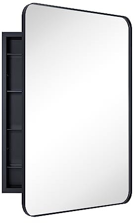 EGHOME Medizinschrank mit Spiegel, rechteckig, mit Spiegel, Edelstahl, Metallrahmen, abgerundet, rechteckig, Badezimmerschrank mit Spiegel, 61 x 91 cm, Mattschwarz