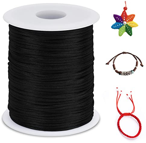 LEREATI Nylonschnur 2mm x 100m Nylonfaden Nylon Perlenschnur Satinkordel, Makramee Schnur Nylonschnur für Armbänder Perlen Auffädeln Halskette Schmuckherstellung DIY Handwerk (Schwarz)