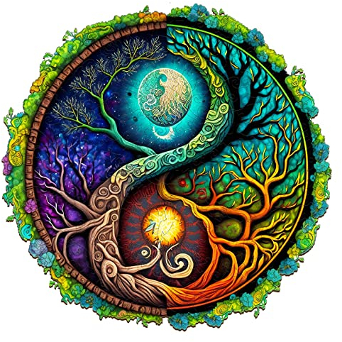 Blumuze Holzpuzzle Erwachsene 100 Stück,Yinyang Baum Holzpuzzle Einzigartige Tierform Puzzleteile,Holz Puzzle,Puzzle aus Tierteilen,Puzzle Holz Erwachsene mit Geschenkbox aus Holz(S-7.9 * 7.9in)
