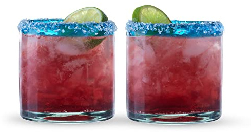 Segunda Vida Primavera Hand Blown Short Tumblers, Recycled Drinking Glasses with Blue Rim for Margarita, Tequila, Cocktails, Iced Drinks, Birthday Gifts for Women, Mexican Glassware, 12 oz, Set of 2