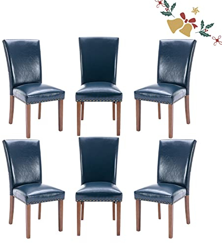 Parsons Dining Chairs Set of 6, Upholstered Nailhead PU Leather Dining Room Kitchen Side Chair with Thick Cushions and Wood Legs, Blue