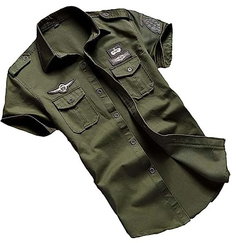 USTZFTBCL Chemise militaire décontractée en coton à manches courtes, rétro vintage, broderie noire, T-shirt militaire En8, L