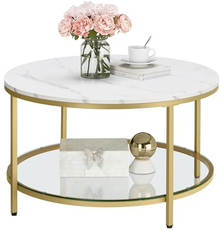 VASAGLE Table Basse, Table de Salon, Façon Marbre, Support en Verre Trempé, Facile à Assembler, Style Moderne, Blanc Marbré et Doré Métallique LCT071W59
