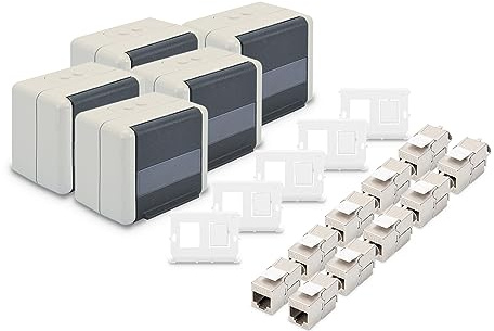 DIGITUS Netzwerkdose Outdoor IP44 (5 Stück) – Mit Halter für Keystone-Module (5 Stück) – Inkl. Cat 6A Keystone-Modul Netzwerkbuchse (10 Stück)