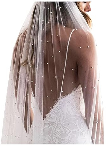 Elawbty 1 rad pärla bröllop brudslöja med metallkam F55, Vitt, Fingertip Length(95cm/38inch)