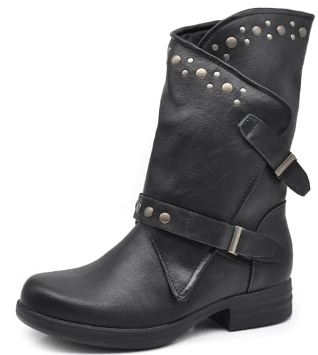 IF Fashion Scarpe Da Donna Stivali Stivaletti Biker Fibbie Anfibi Al Polpaccio Largo Con Borchie 647-2 Nero N.39