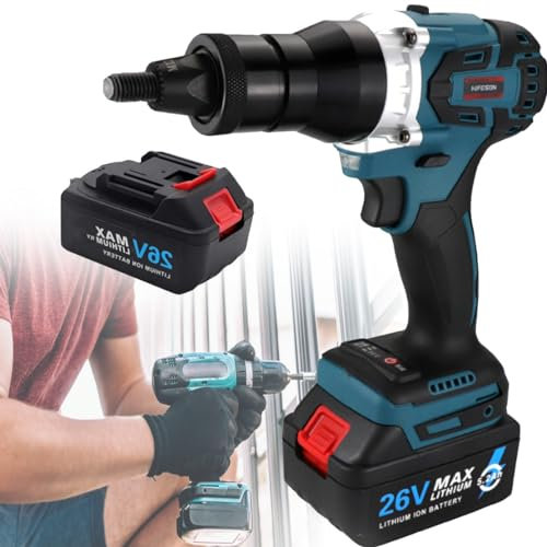 Pistola de Remache Eléctrica sin Escobillas, Pistolas Remachadoras Automáticas Eléctricas De Alta Resistencia, Herramienta Manual de Tuerca de Remache Automática LED para 2.2/5.2Ah Batería,2200mAh