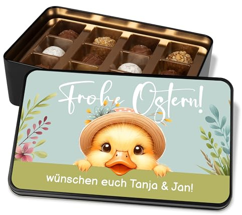 True Statements Pralinendose Ostern personalisiert – 12 Pralinen in Metalldose mit Ostermotiv – Individuelles Ostergeschenk mit Namen