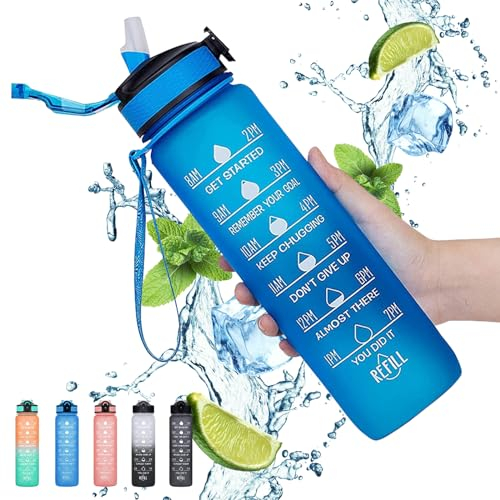 Gaiayhc Sports 1L Motivational Water Bottle with Time Marker and Straw, 30oz Leakproof Design for Hiking, Gym, Fitness, Outdoor, Cycling, School & Office