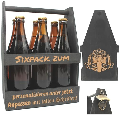 die-veredler BEER FEST-Bierträger personalisiert Sixpack Flaschenträger Bierträger aus Holz SCHWARZ mit Gravur Männerhandtasche Geburtstagsgeschenk Biergeschenk Vatertag Geschenk