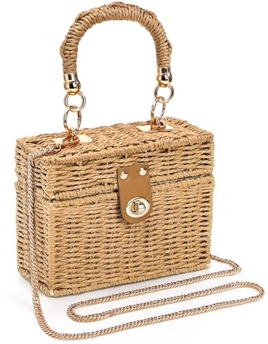 Noamus Square Straw Handbag, Vintage Women's Wicker Basket Bag, Handmade Rattan Crossbody Bag, Boho Tote Bag with Detachable Shoulder Strap for Summer Beach Casual Vacation Chic