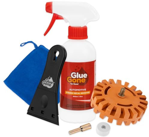 Glue Gone Aufkleber-Entferner-Set – inklusive 284 ml Klebstoffentferner, Mikrofasertuch, Radierrad, 7,6 cm Schaber mit 3 Klingen, komplettes Set zum Entfernen von Aufklebern, Aufklebern und