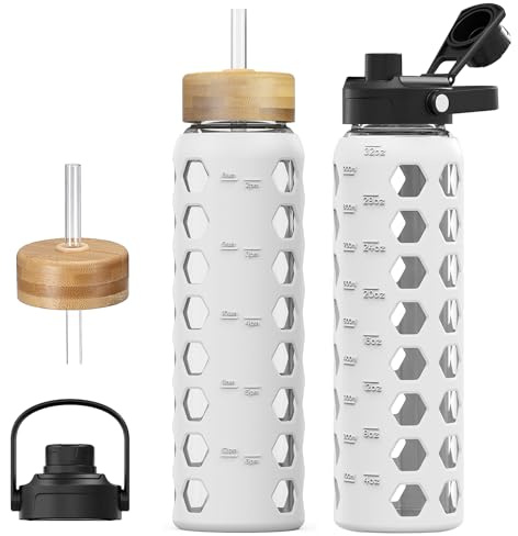 MUKOKO Glass Water Bottles, 32oz Glass Tumbler with Straw, Drinking Bottles with 2 Lids-Handle Spout Lid&Bamboo Straw Lid, Motivational Water Bottle with Time Marker and Silicone Sleeve, 1 Pack-White