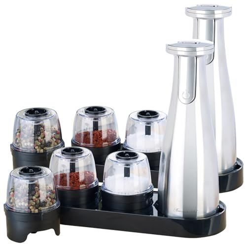 Rosenstein & Söhne Akku Pfeffermühlen: 2er Set Akku-Multi-Gewürzmühle mit 3x 150-ml-Wechselbehälter (Salz & Pfeffer-Mühlen 3in1, Salzmühle, Halter)