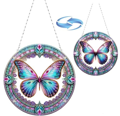 CXINLky DIY Diamond Art Peinture Papillon Pendentif avec Chaîne, Peinture Diamant Images de Fenêtre, Peinture Diamant 5D Kits de Tenture Murale pour Fenêtre Mur Entrée Jardin Decor-04
