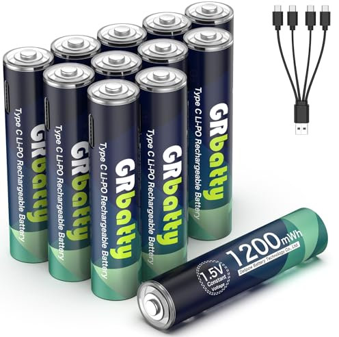 GRbatty Lot de 12 Pile AAA Rechargeable 1.5V USB C Lithium, 1200mWh Pile Rechargeable AAA avec Charging Cable USB Charge Directe 1 Hour Fast Charging