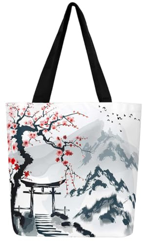 Homewish Sac de courses en toile avec fleurs de cerisier rouge, peinture à l'encre chinoise, thème romantique