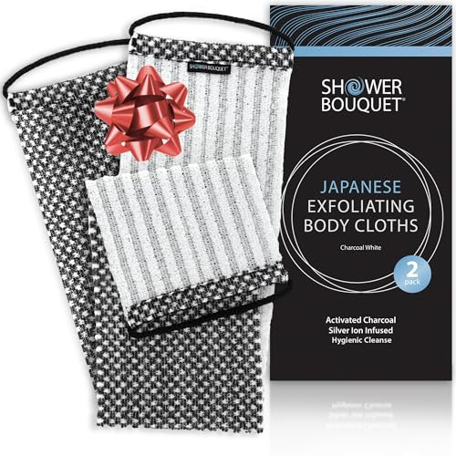 Japanese Exfoliating Washcloth for Back & Body 2-Pack - Charcoal & Silver Ion Exfoliating Towel with Handles - Two-Sided Gentle Exfoliation & Deep Cleanse Body Wash Cloths for Shower - 2 White