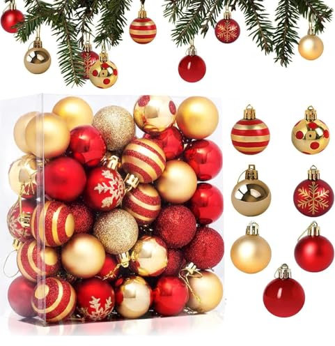 Weihnachtskugeln,50 stück Christbaumkugeln Weihnachtskugel mit Geschenkpaket, matt,glänzend,Weihnachtsbaumschmuck Christbaumschmuck mit Aufhänger,deko Weihnachten,Thema Rot GoldChristbaumkugel ∅ 4cm