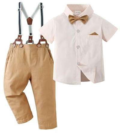 Amissz Barn kostym och matchande gentleman, pojkar kläder set skjorta + hängslen + byxor dop bröllop klänning 1–10 år, Aprikos-1, 2-3 �r