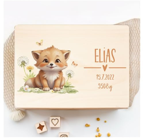 Little Deco Personalisierte Erinnerungsbox Baby Erinnerungskiste mit Deckel Holzkiste | M - 30 x 20 x 13 cm | Waldtiere Fuchs Geschenk zur Geburt Taufe Spielzeugkiste für Mädchen & Jungen XHL1007-01