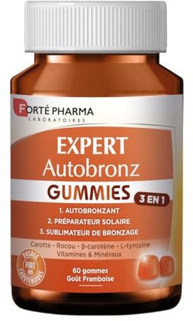 Forté Pharma Complément solaire Expert AutoBronz Gummies 60 gommes | Complement alimentaire bronzage & teint hâlé et bonne mine, L-tyrosine, lutéine & beta carotene, 30 jours