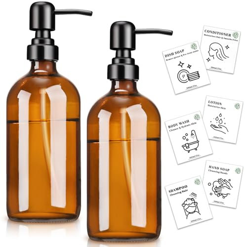 Euqvunn 2 Pack Distributeur de Savon en Verre Ambré, Distributeur de Savon Refillable de 500ml