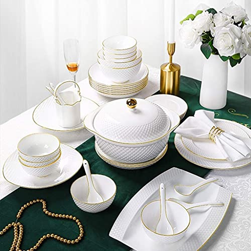SGKOMN Set di stoviglie in Ceramica Classica, Ciotola/Piatto/pentola/Cucchiaio | Set da tavola in Porcellana Bone China, Set Combinato in Porcellana Bianca con Motivo a RI