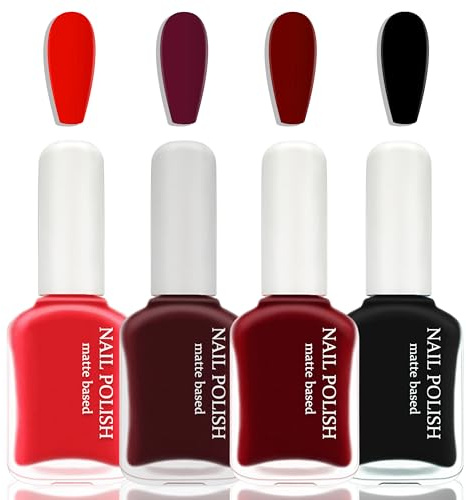 4PCS Matt Nagellack Set - Schnell trocknende & lang anhaltende Nagellack auf Wasserbasis, Rot, Weinrot, Dunkelviolett, Schwarz, Wasserdicht Regulärer Nail Polish für Frauen DIY Nail Art Zu Hause (Rot)
