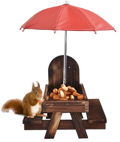 Eichhörnchen-Futterstation Futtertisch Holz Maishalter Schirmhülle Wetterbeständig Geräumiges Design Einfache Montage Wildtierfreundlich Perfekt für Garten Balkon 18.0x18.0x21.0 cm